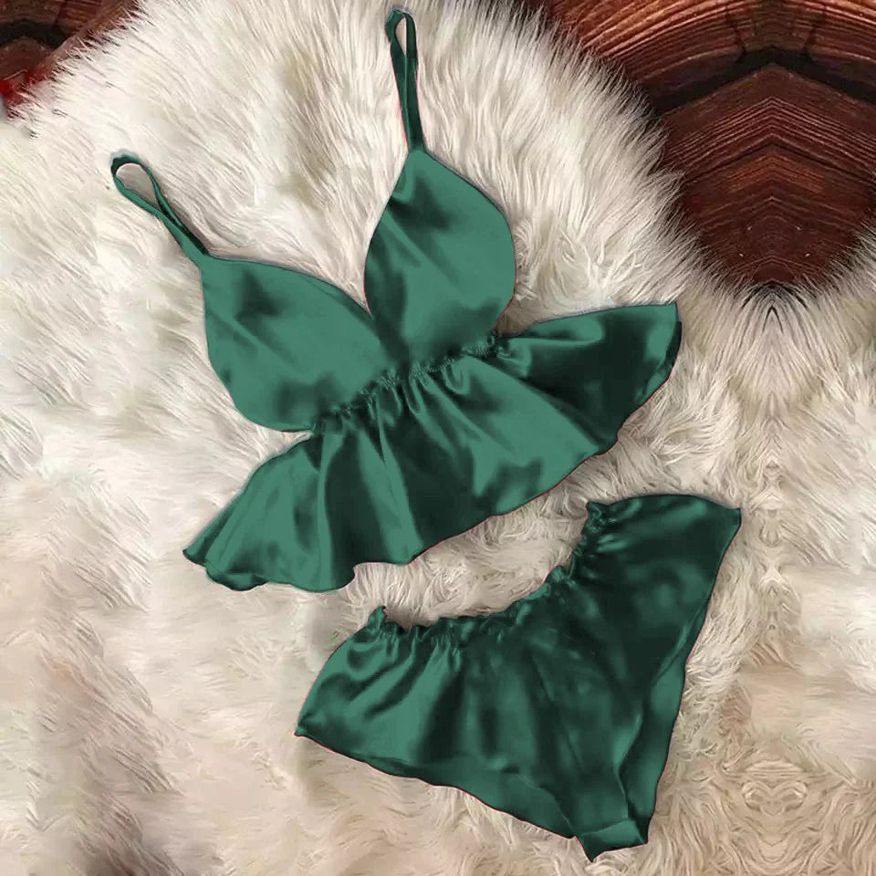 WOMEN V-NECK EYELASH CAMI BOWKNOT SHORTS SET CHK # P46