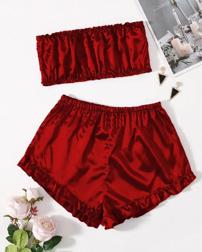 SATIN FRILL TRIM TUBE TOP & SHORTS PJ SET CHK # P48