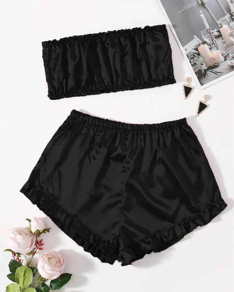 SATIN FRILL TRIM TUBE TOP & SHORTS PJ SET CHK # P48