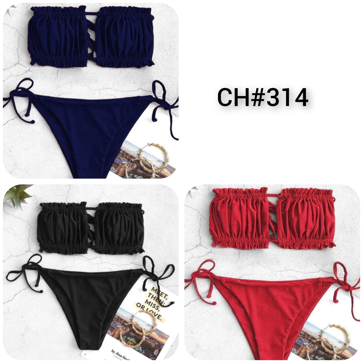 BIKINI SET RUFFLE STRAPLESS TIE SIDE BIKINI WOMEN SWIMWEAR SEXY HIGH CUT STRAPLESS LOW WAISTED BIKINI CH # 314