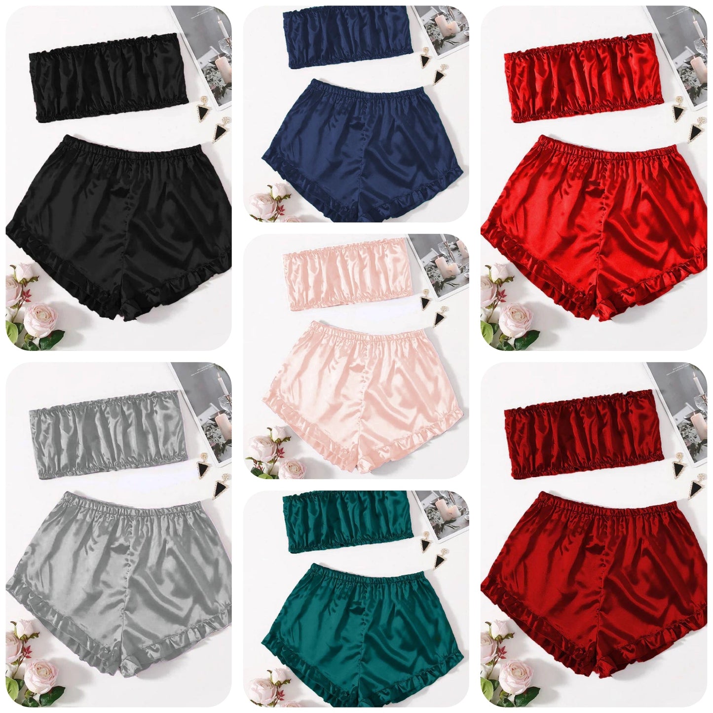 SATIN FRILL TRIM TUBE TOP & SHORTS PJ SET CHK # P48