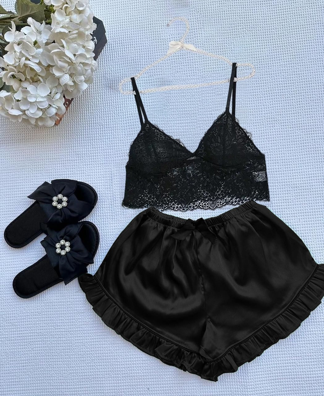 P-66 MasterMindswear Silk Frill Short With Net Bra Night Wear Set.