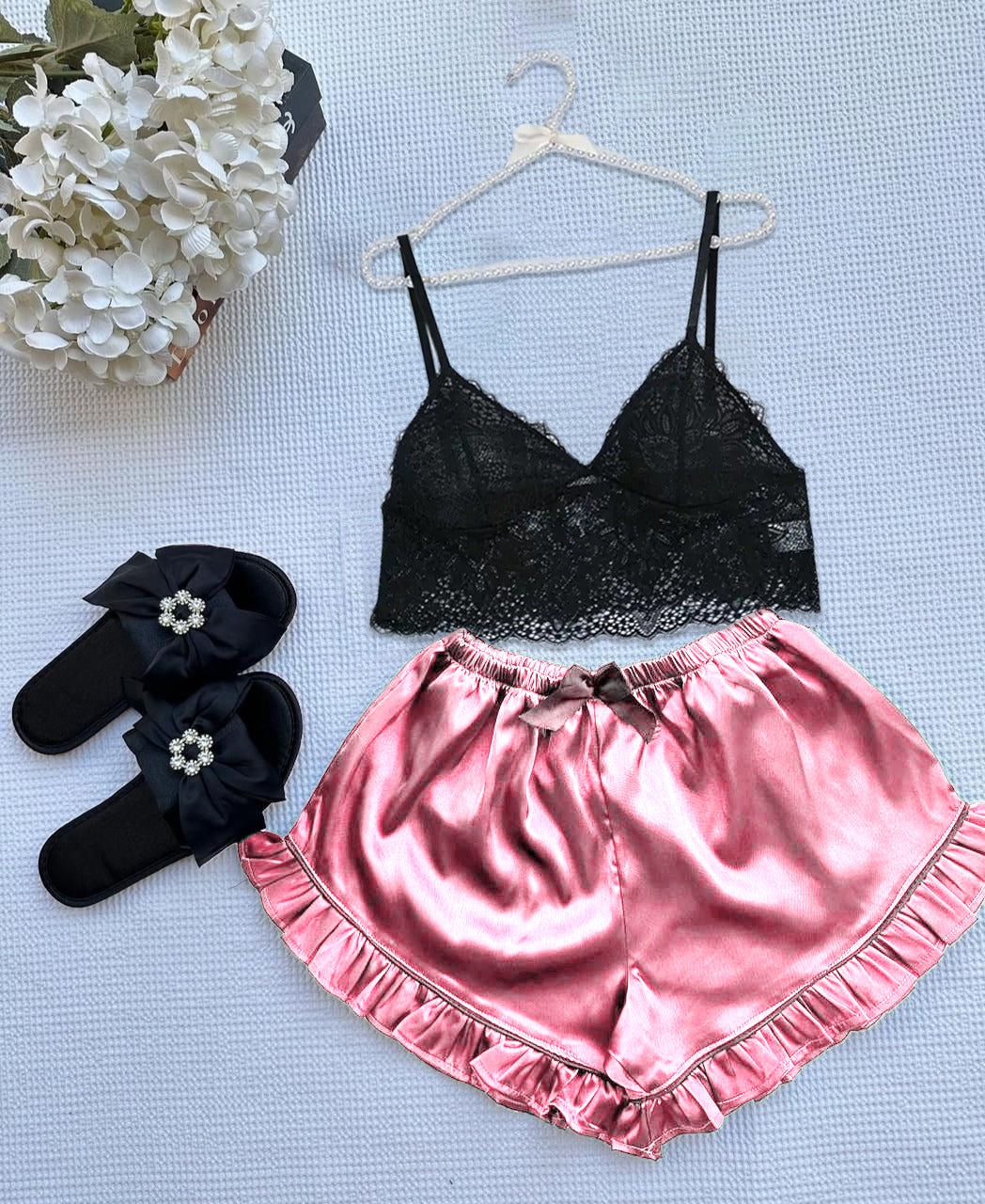 P-66 MasterMindswear Silk Frill Short With Net Bra Night Wear Set.