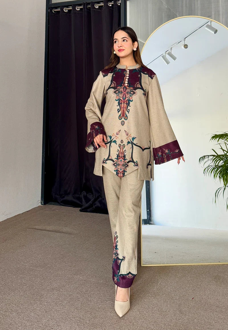 Beige & Wine Cutwork Woollen Kurta Set (D-04)