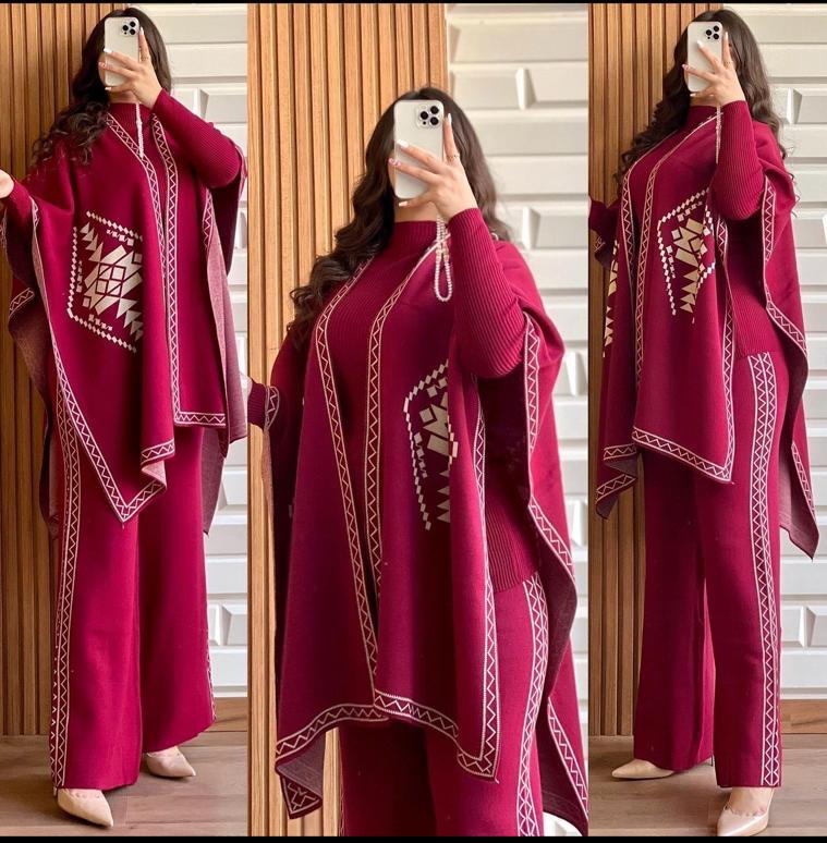 CH-370 MasterMindswear READY TO WEAR WINTER 3 PIECE FLEECE SUIT CAPE SHAWL HIGH NECK & TROUSER