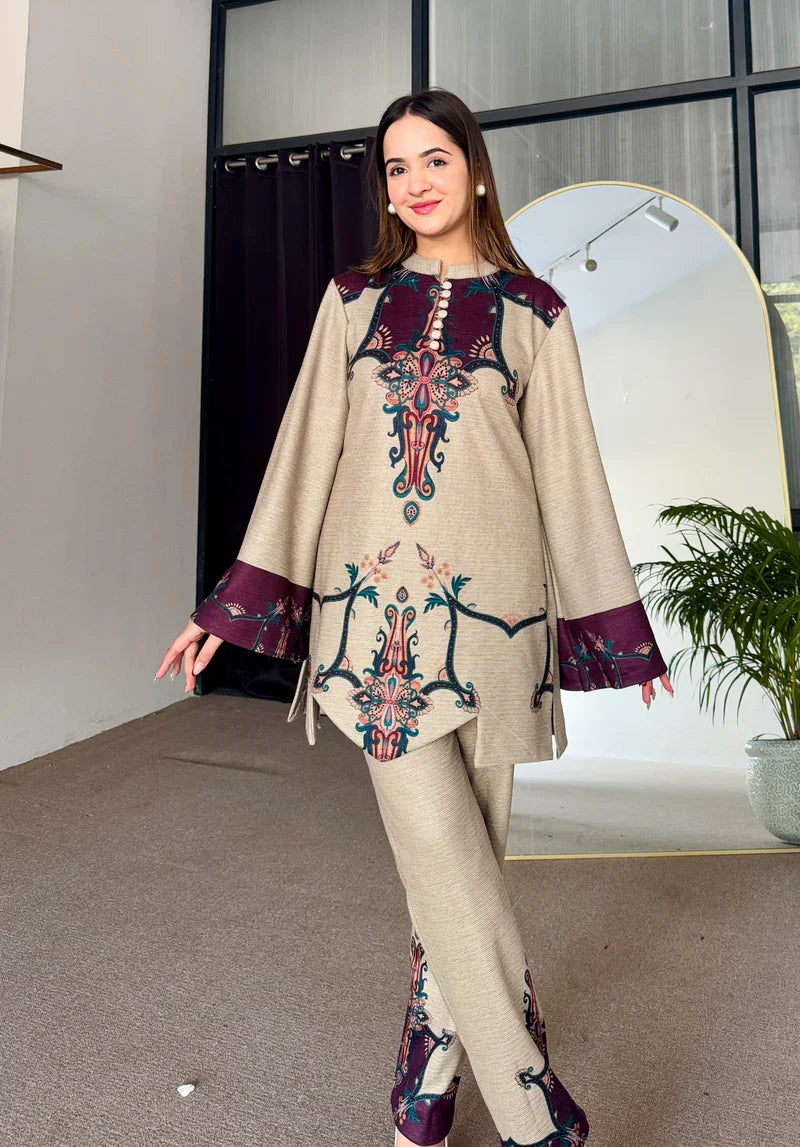 Beige & Wine Cutwork Woollen Kurta Set (D-04)