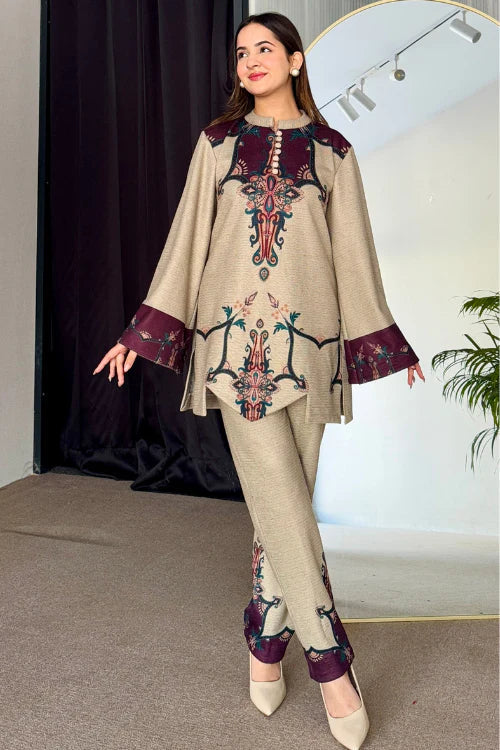 Beige & Wine Cutwork Woollen Kurta Set (D-04)