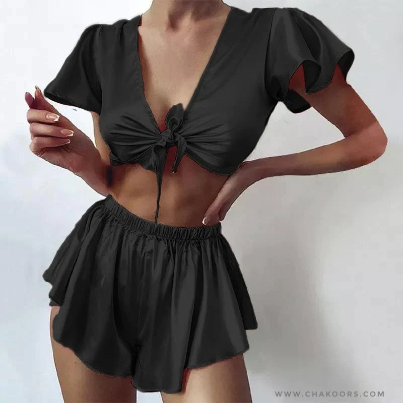 SILK IMITATION FRONT KNOT SHIRT WITH ELASTIC BOXER SLEEPWEAR SET CHK # P39
