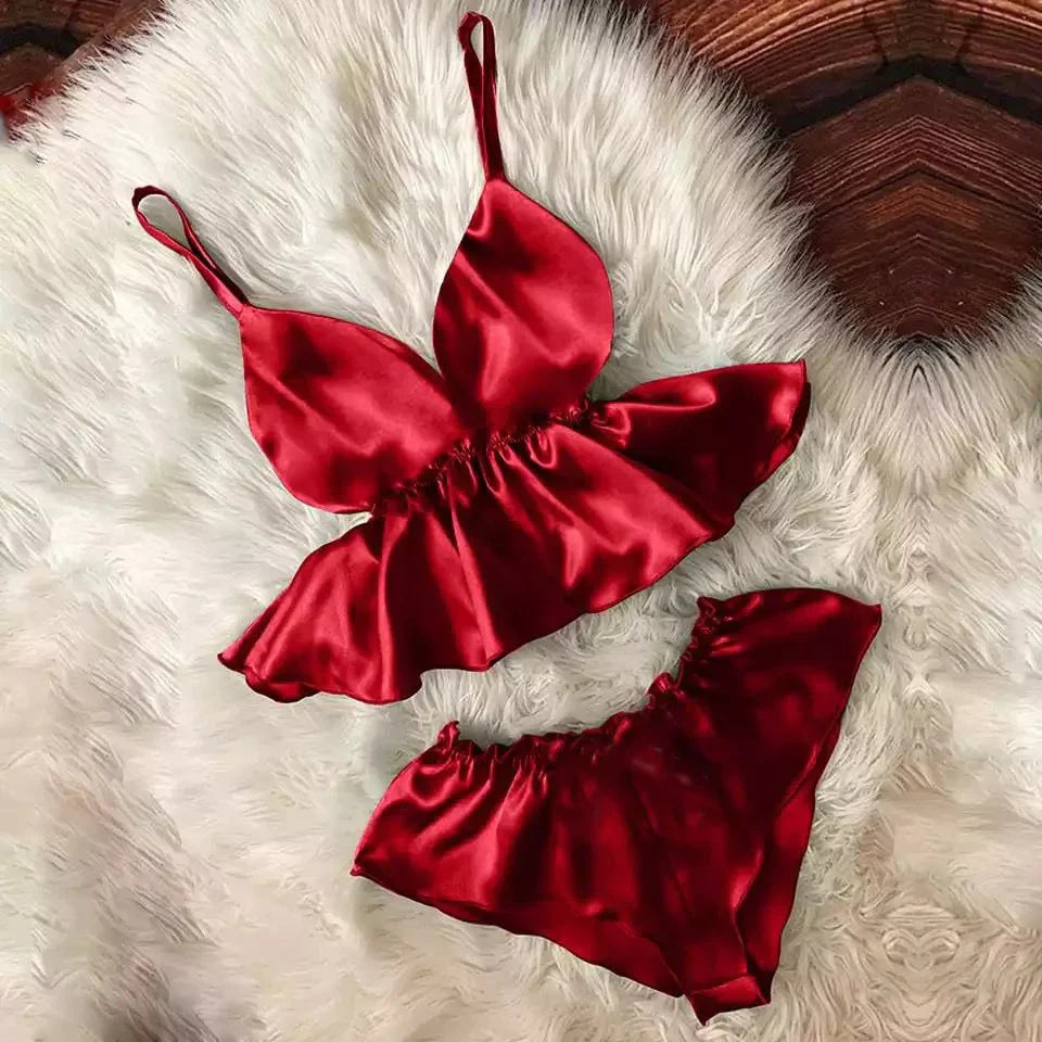 WOMEN V-NECK EYELASH CAMI BOWKNOT SHORTS SET CHK # P46
