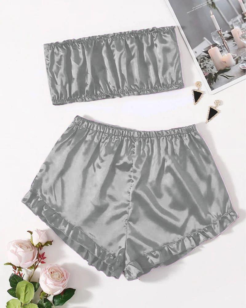 SATIN FRILL TRIM TUBE TOP & SHORTS PJ SET CHK # P48