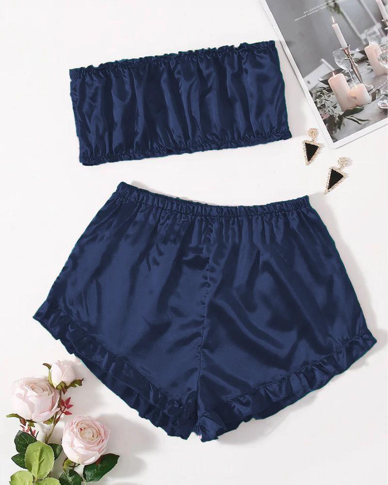 SATIN FRILL TRIM TUBE TOP & SHORTS PJ SET CHK # P48