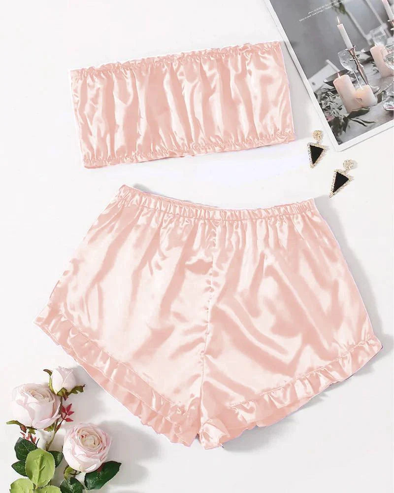 SATIN FRILL TRIM TUBE TOP & SHORTS PJ SET CHK # P48