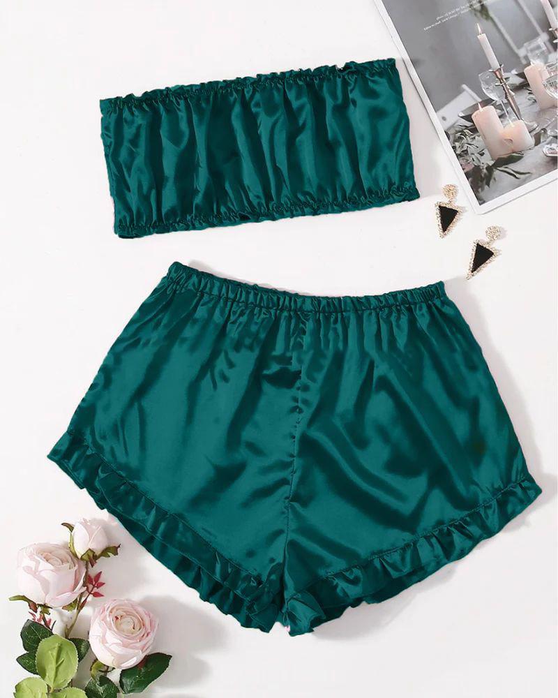 SATIN FRILL TRIM TUBE TOP & SHORTS PJ SET CHK # P48