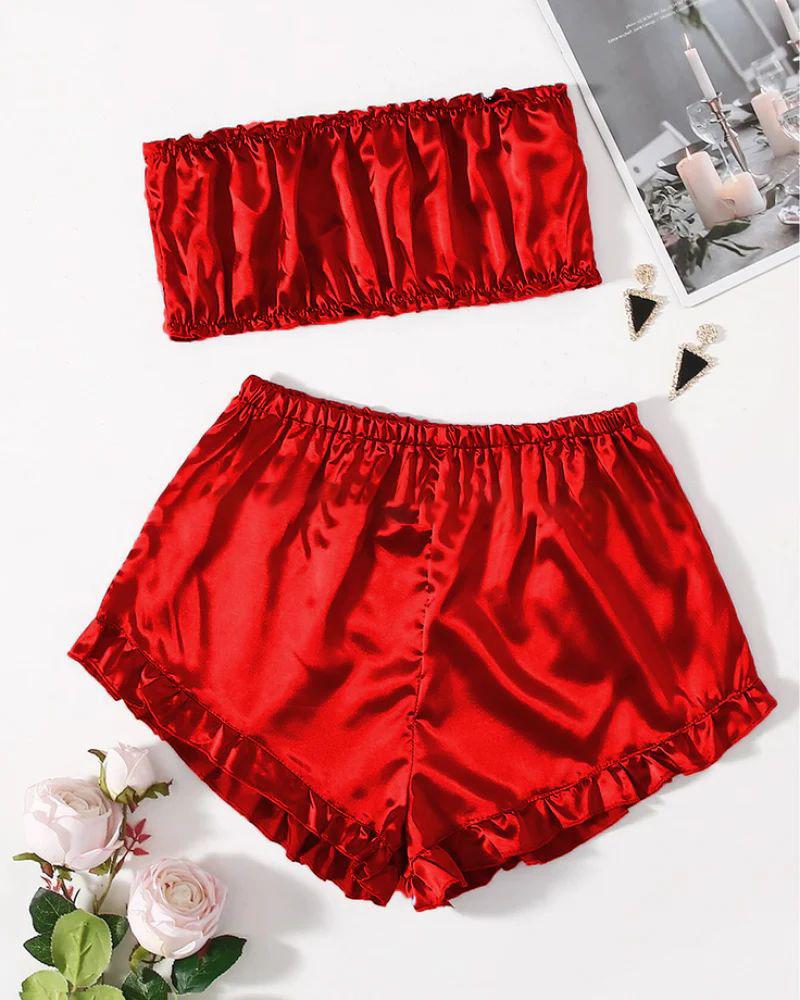 SATIN FRILL TRIM TUBE TOP & SHORTS PJ SET CHK # P48