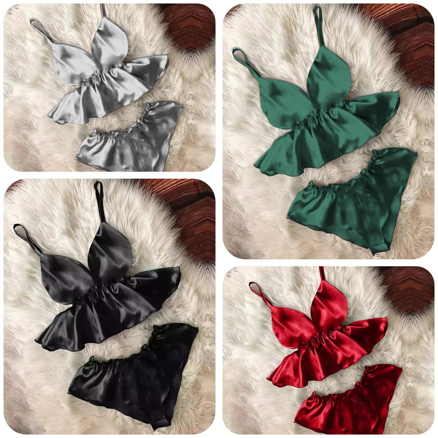 WOMEN V-NECK EYELASH CAMI BOWKNOT SHORTS SET CHK # P46