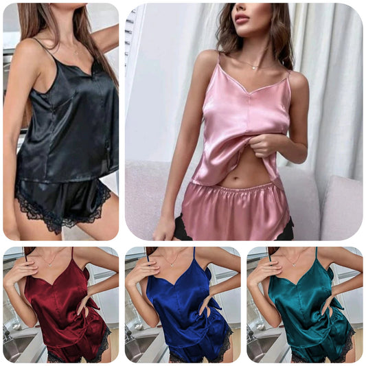 BACKLESS SILK CAMI TOP & SHORTS CHK # P43