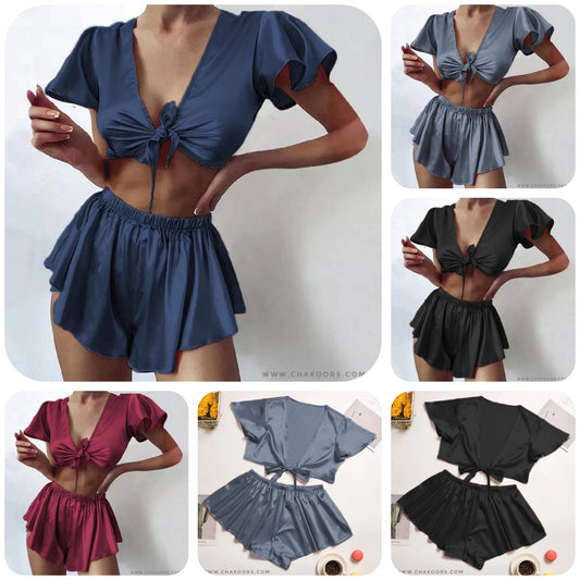 SILK IMITATION FRONT KNOT SHIRT WITH ELASTIC BOXER SLEEPWEAR SET CHK # P39