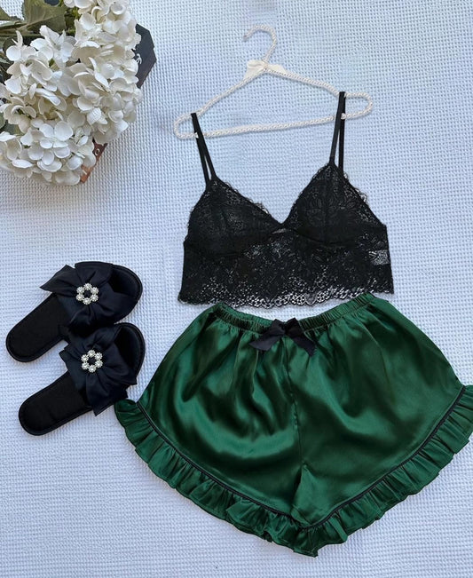 P-66 MasterMindswear Silk Frill Short With Net Bra Night Wear Set.