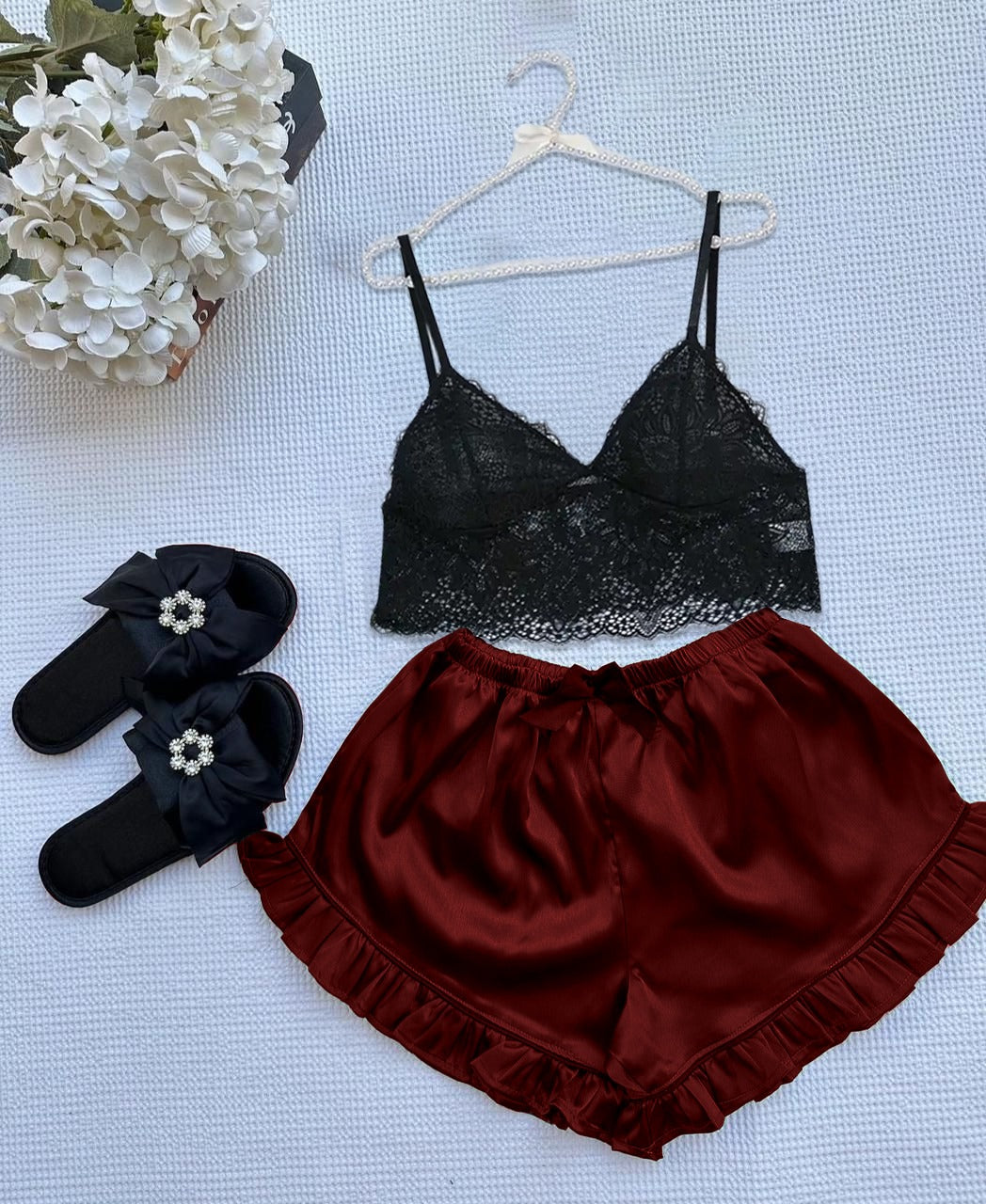 P-66 MasterMindswear Silk Frill Short With Net Bra Night Wear Set.