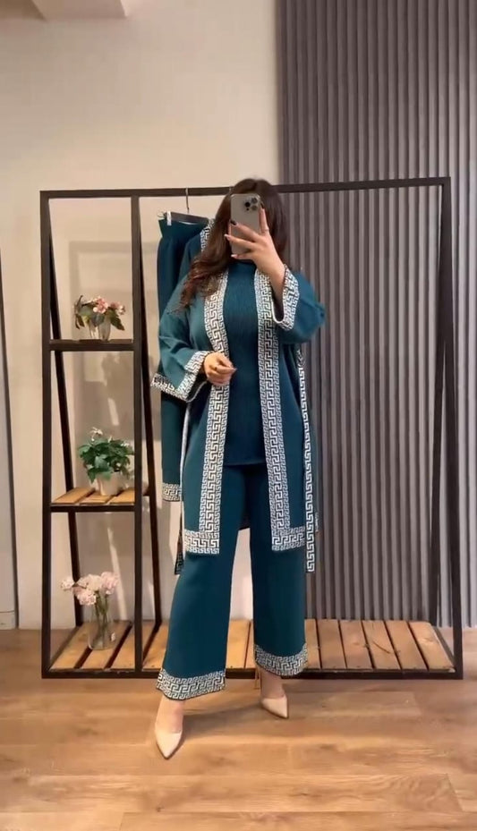 CH-388 MasterMindswear Ready-to-Wear Printed Sides 3 Piece Dress High Neck + Upper + trouser