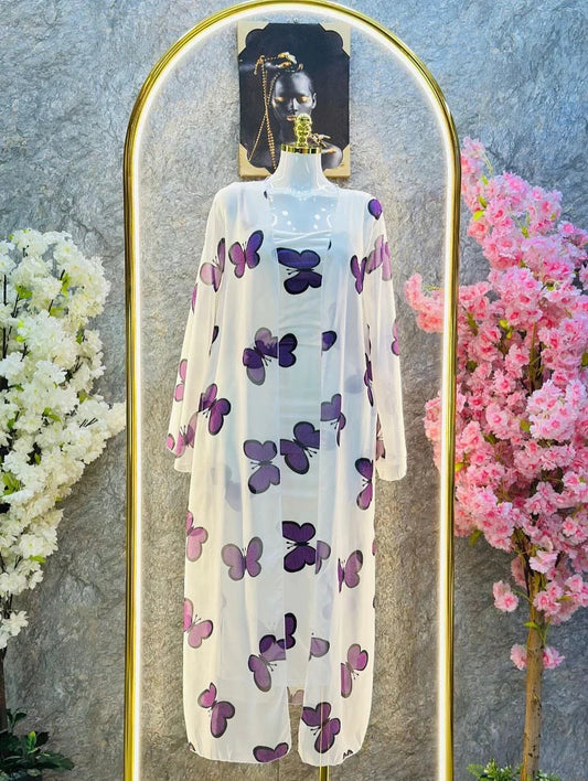 CH 572 - 2 Piece Butterfly Printed Long Gown Dress - Mastermindswear